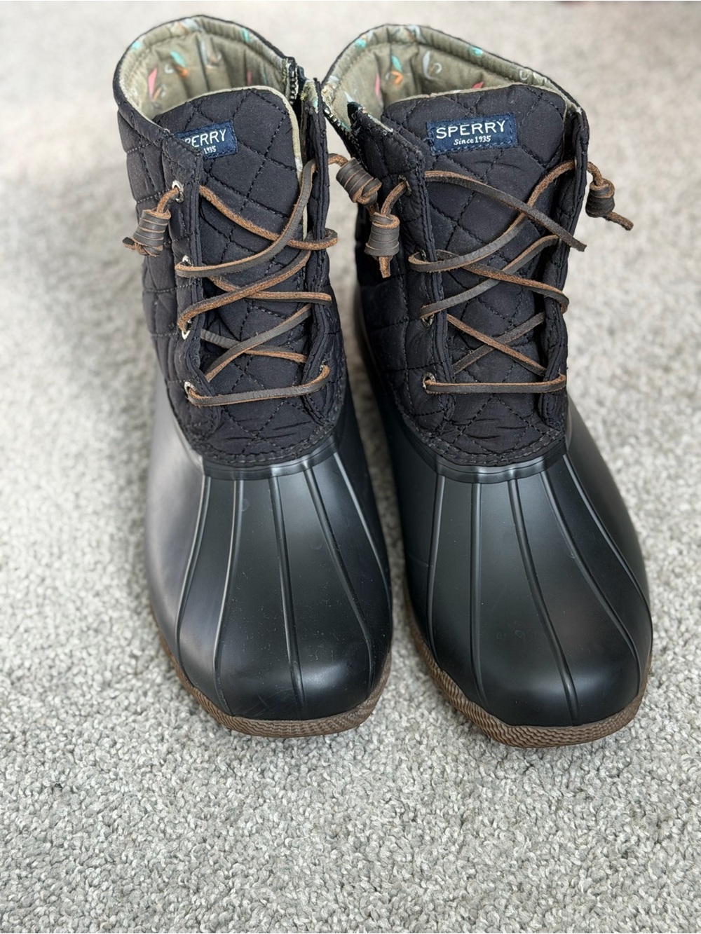 Sperry Black Quilted Rubber Duck Boots with Brown Laces